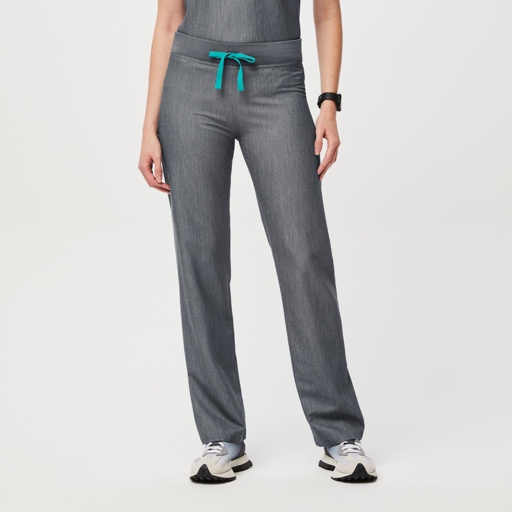 Figs Gray Straight Leg Women's Pants with Teal Drawstring